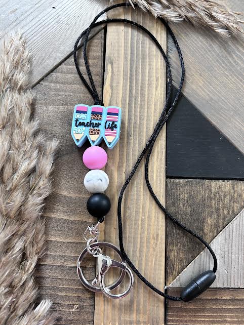 Pink & Black Teacher Life Lanyard